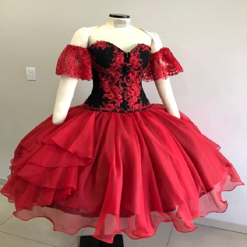 Victorian Gothic Short Prom Dress With Lace Red With Black Costume Evening Dress Vintage Formal Birthday Cosplay Party Wear Witch Vampire Vestidos De 