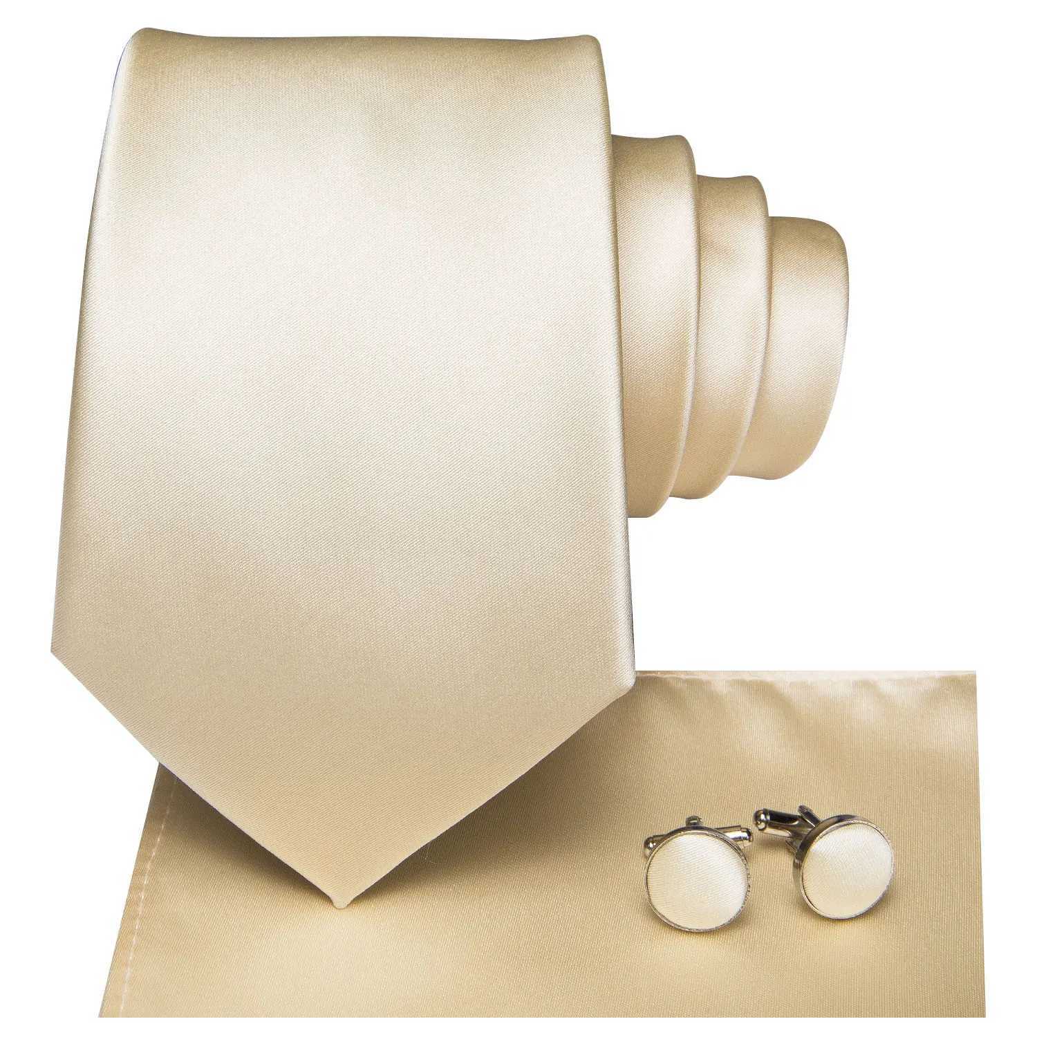 Champagne Ivory Solid 2023 New Elegant Mens Ties Hanky Cufflink Silk Necktie For Men Wedding Party Business Fashion Brand Hi-Tie X250407