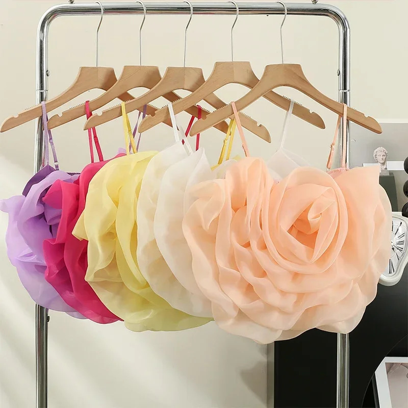Spaghetti Strap 3D Flowers Tank Top for Women Strapless Slash Neck Lace Skinny Camisoles Summer Age-reducing Camis Drop 250407