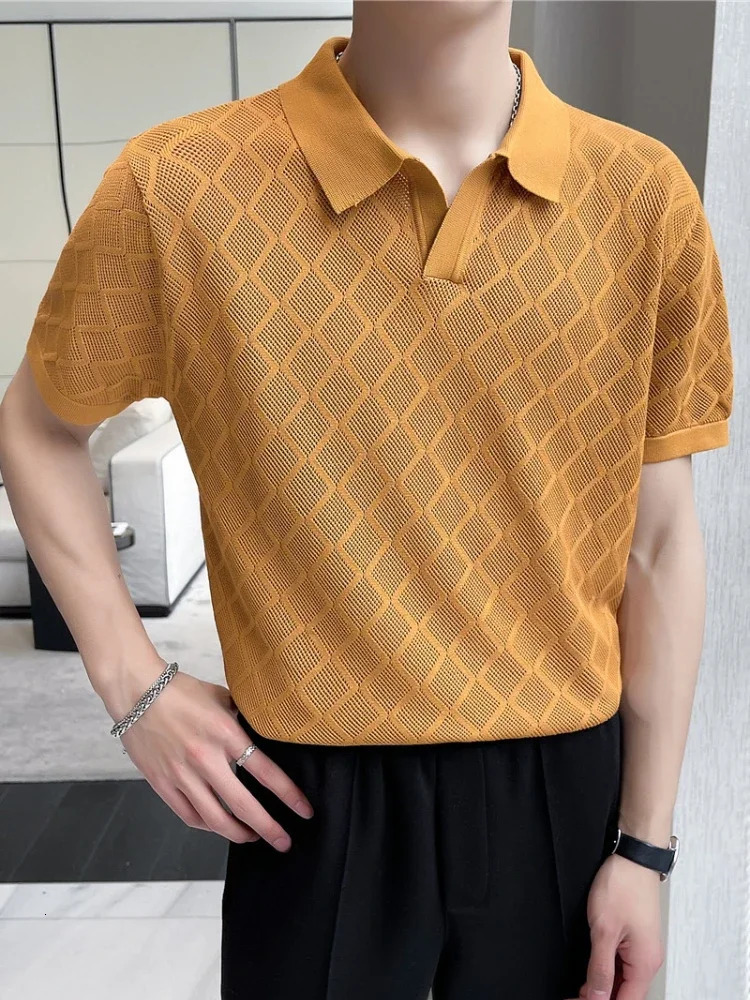 Hollow-out Knitted Lapel Short-sleeved T-shirt Slim Hole Polo Shirt Brown polo Golf Shirt 250407