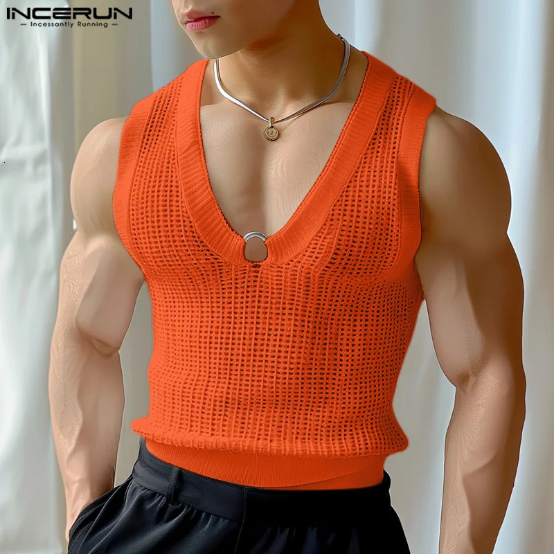 Mens Tank Top Hollow V-neck Sleeveless Street Clothing Summer Mens Tank Top Transparent Fashion Casual Mens Clothing INCERUN 250403