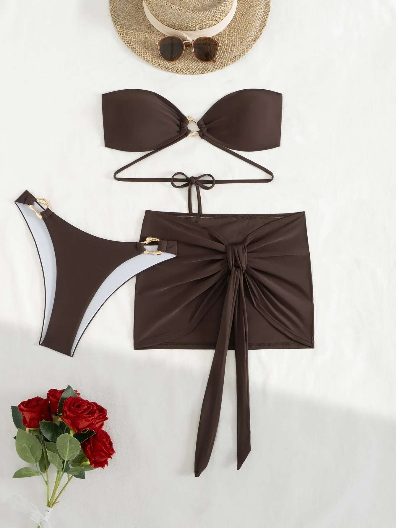 Dongdumaoyi Sexy Bandeau Bikini Women Off Shoulder Coffee Metal Rectangle Push Up Skirt Piece Swimsuit Beach Bathing Suit Swimwear
