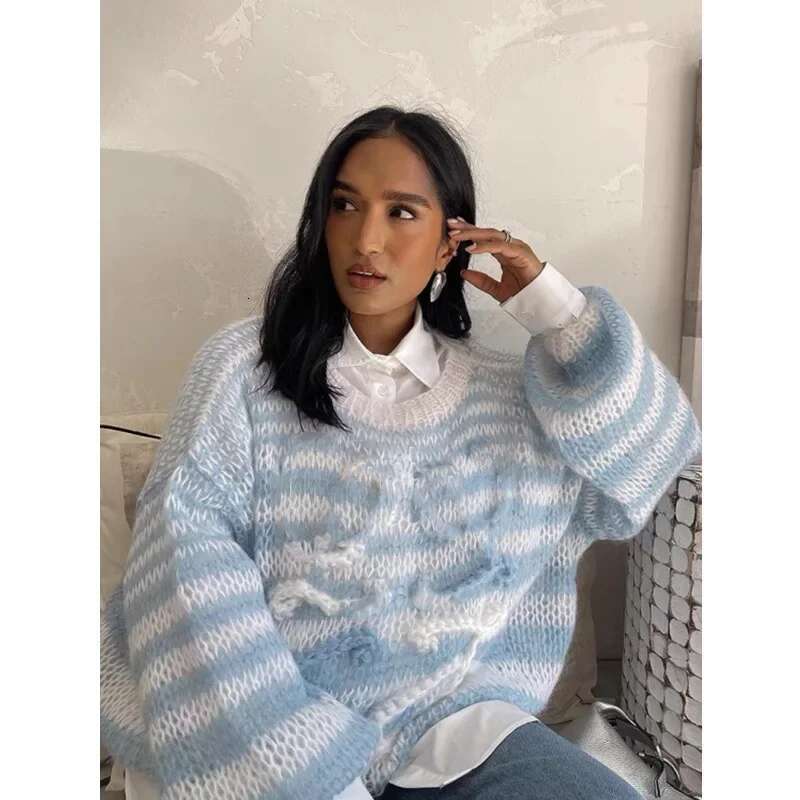 Elegant Versatile Womens Knit Sweater Top Soft Supple Striped Design Autumn Winter Warm Comfortable Crew Neck Pullover