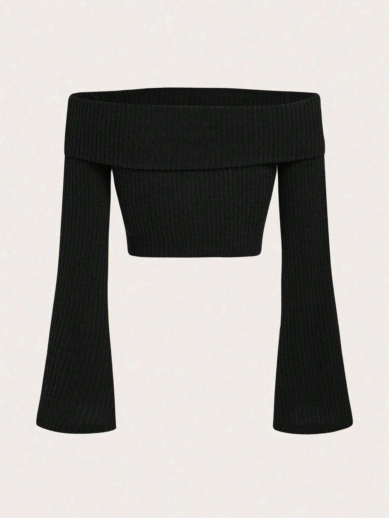 Sexy Off Shoulder Flare Sleeve Crop Top Women Fall Spring 2024 Solid Rib-Knit Fleece Cropped Blouse T Shirts Streetwear Y2k