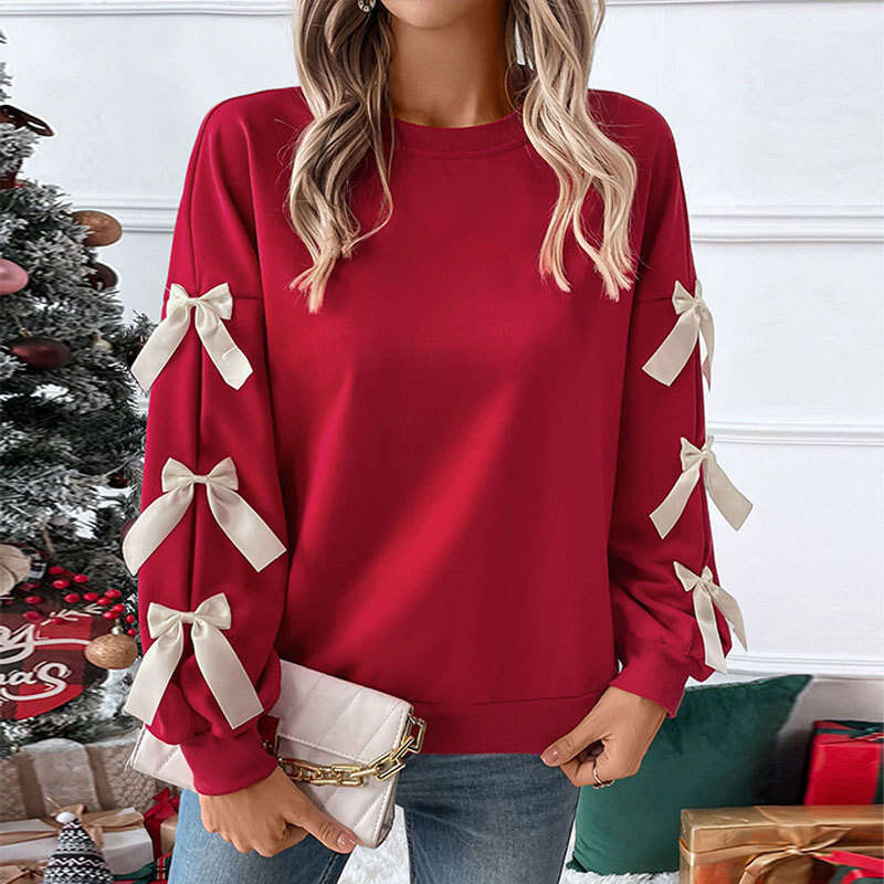 Autumn winter European and American hot items, sweet style top, round neck bow red Christmas hoodie, women's 2025 new casual fashion trend clothi