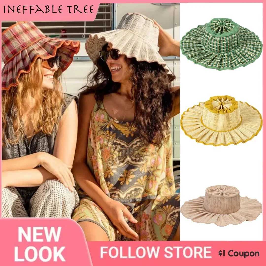 Y2K Parent-Child Summer Reversible Pleated Sun Hats for Women Casual Straw Hat Outdoor Beach Shade Straps Lady Gorras Para Mujer Z250407