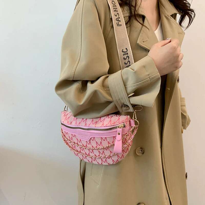 Fashion Pattern Fanny Packs For Women Stylish Letter Printed Chain Female Waist Pack Wide Strap Crossbody Bag Ll