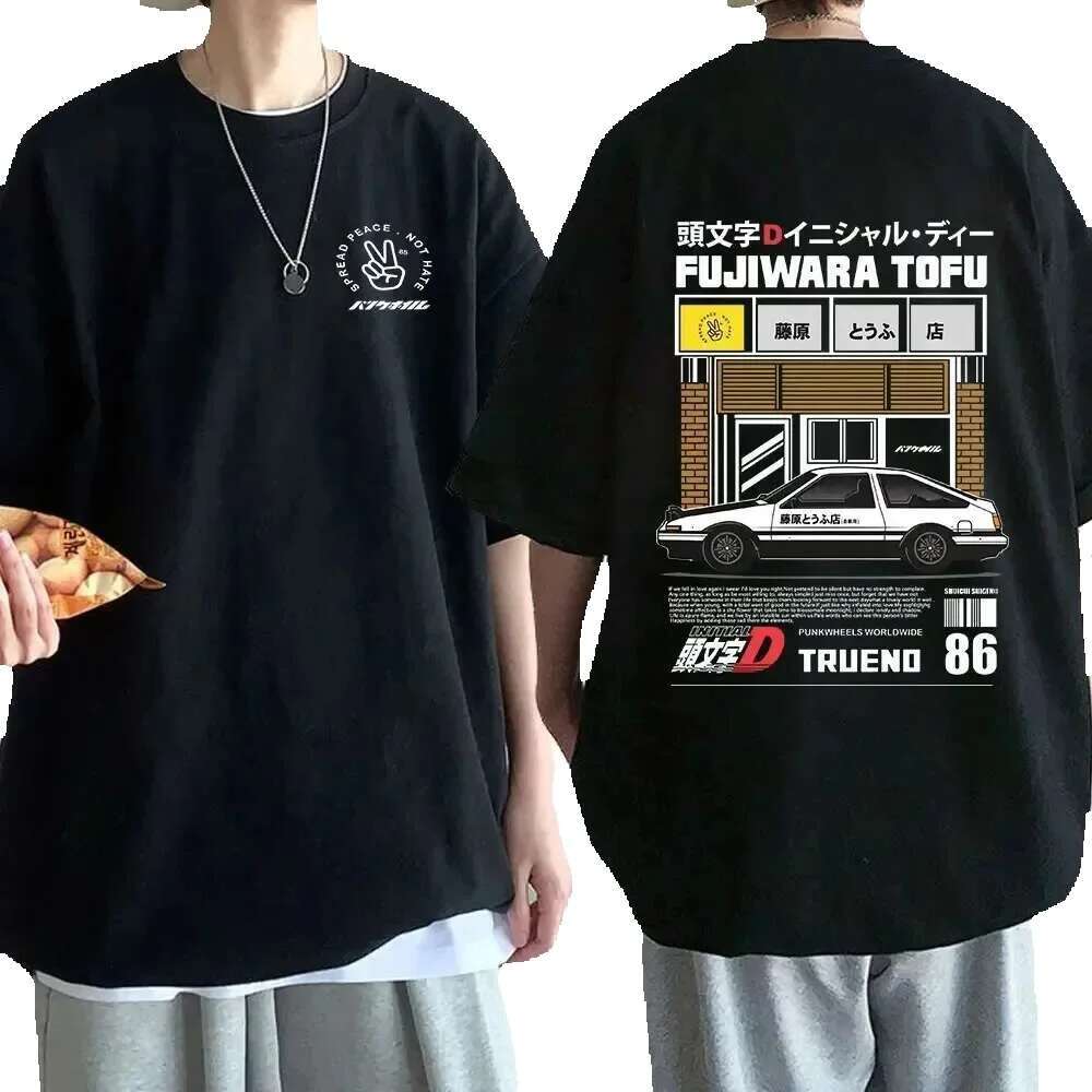 Anime Drift AE86 Initial D Double sided Round Neck Short Sleeve Summer Casual Unisex R34 Horizon GTR JDM Manga T-shirt