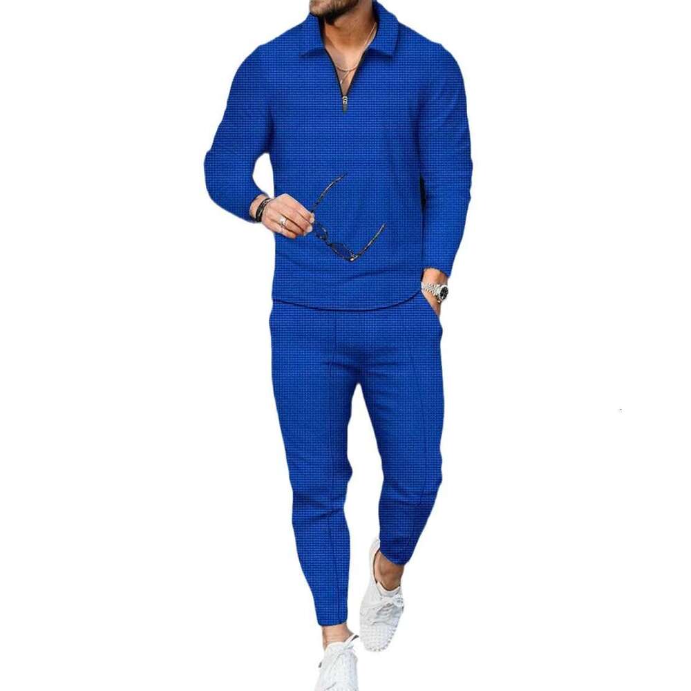 Popular men's textured suit long sleeved polo shirt sports pants fashionable half zipper stand up collar set new casual fashion trend clothing