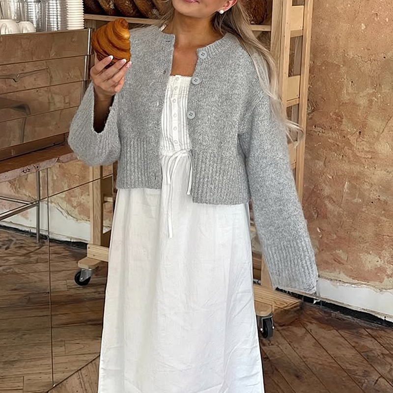 Women's new solid-color cardigan, versatile grey long-sleeved coat, romantic autumn outfit, going-out attire, back-to-school clothes---TVL048