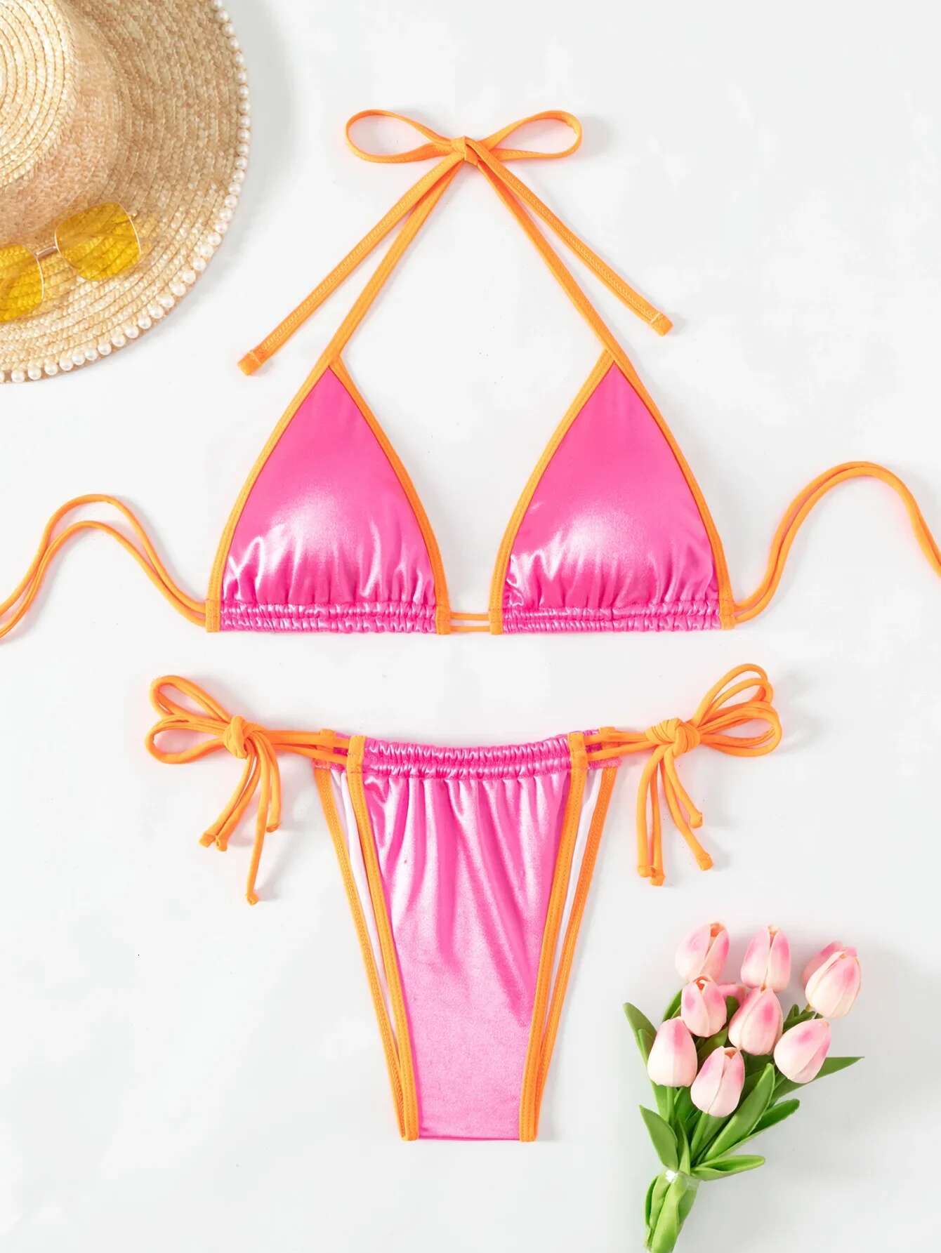 Dongdumaoyi Rose Red Gloss Two Piece Swimsuit For Women Sexy Drawstring Halter Bra Push Up Bikini Set Beach Vacation Bathing Suit New
