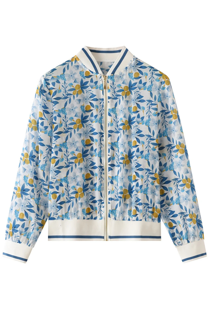 100% Raspberry Silk Womens Jacket Round Neck Thin Style Open Hemp Print Sunscreen SpringSummer Collection 250407