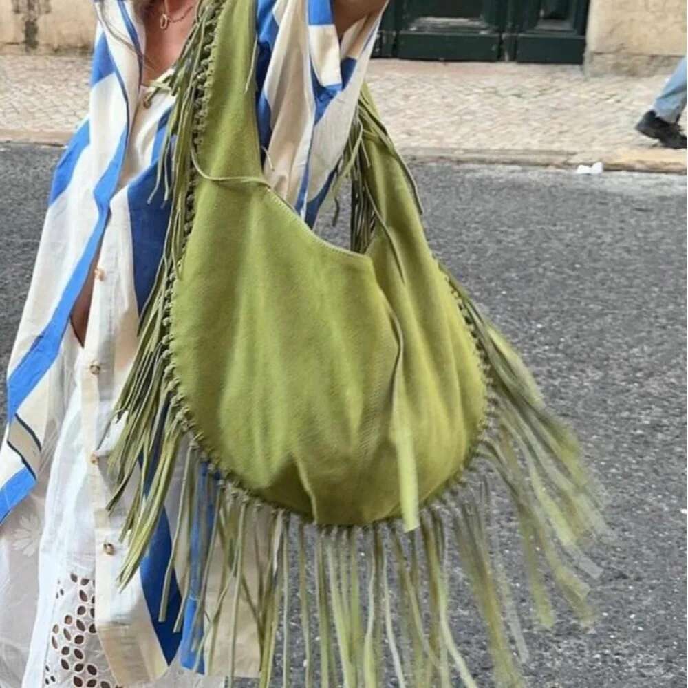New Long Tassel Women's Shoulder Bags Faux Suede Tote Bag Designer Handbags Half Moon Hobos Frosted Shopper Purses Female