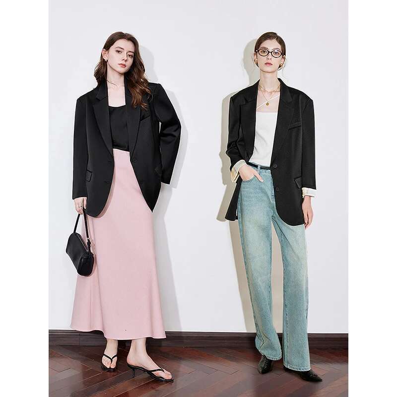 TOYOUTH Women Blazer Jacket 2025 Spring New Split Notched Shawl Satin High End OL Workwear Suit Jackcet Black