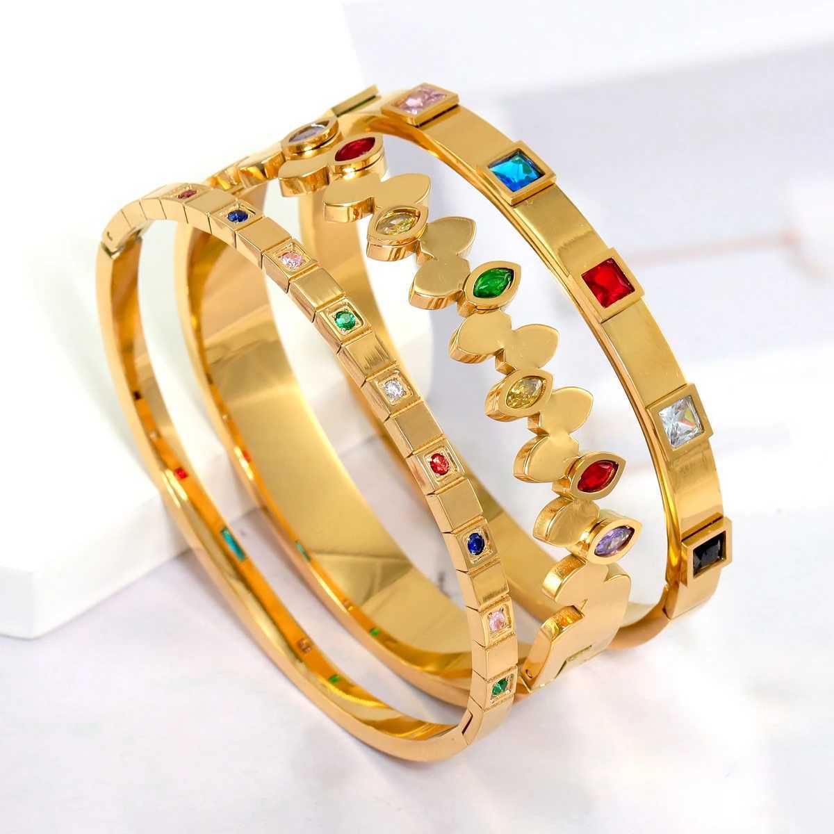Fashionable waterproof stainless steel colored zircon bracelet suitable for womens daily wear birthday parties wedding jewelry gifts Y250408