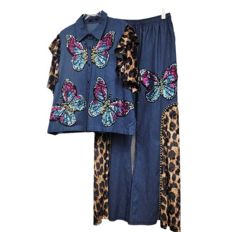 Bright sequin women's clothing; beautiful denim short-sleeved butterfly sequin top and straight-leg wide-leg trousers two-piece suit L251108