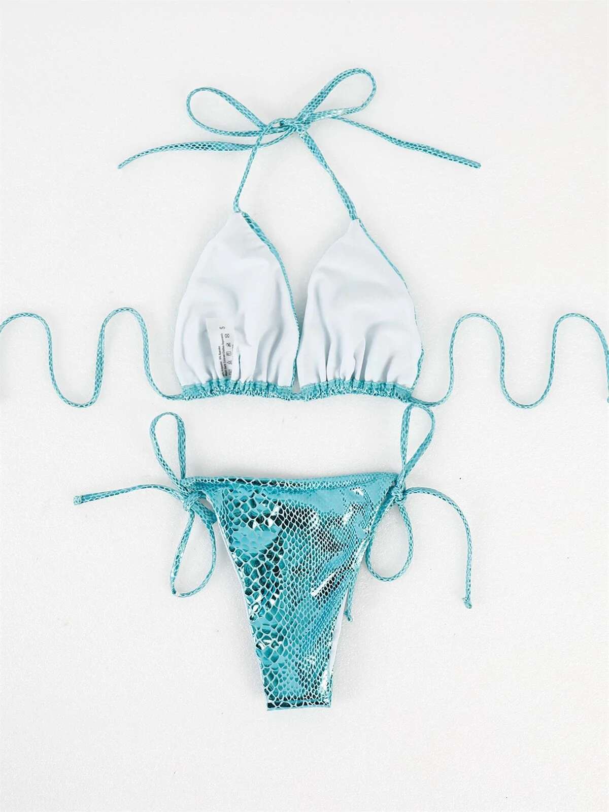 Dongdumaoyi Shiny Green Snake Print Bikinis Set Women Lace Up Bandage Skirt Cover Piece Swimsuit Beach Bathing Suit Thong Swimwear