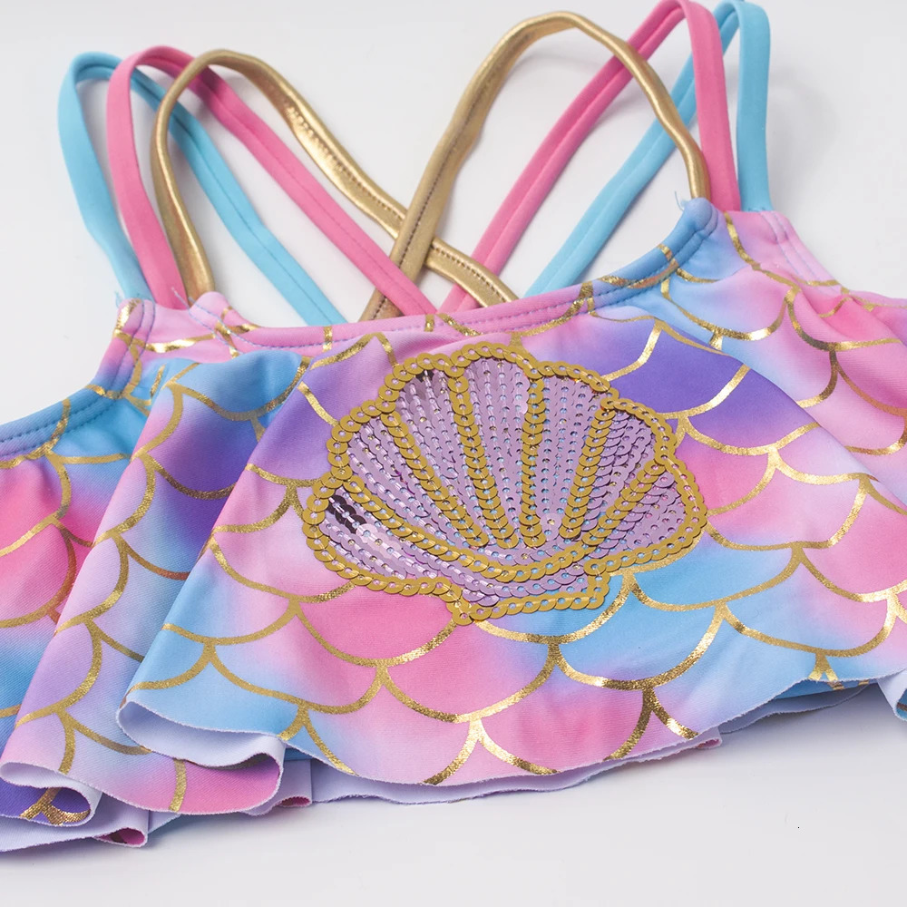 38yearold fish scale childrens bikini set shell embroidery Falbala swimsuit gradient Biquini baby 250408Z