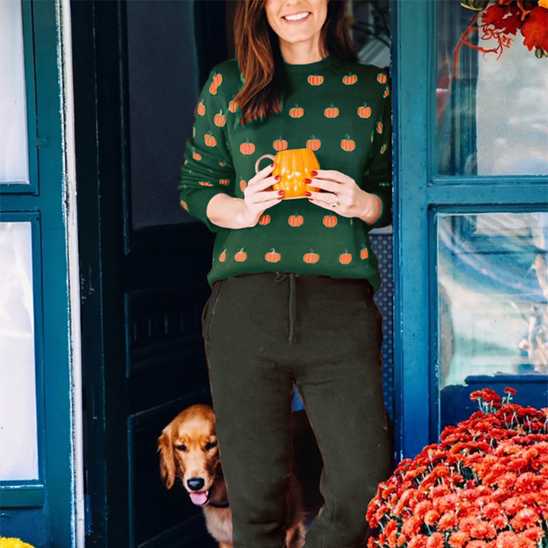 Women's new color-matching sweater, Halloween pumpkin jacquard long-sleeved sweater, romantic autumn clothing Valentine's Day outfit for wom