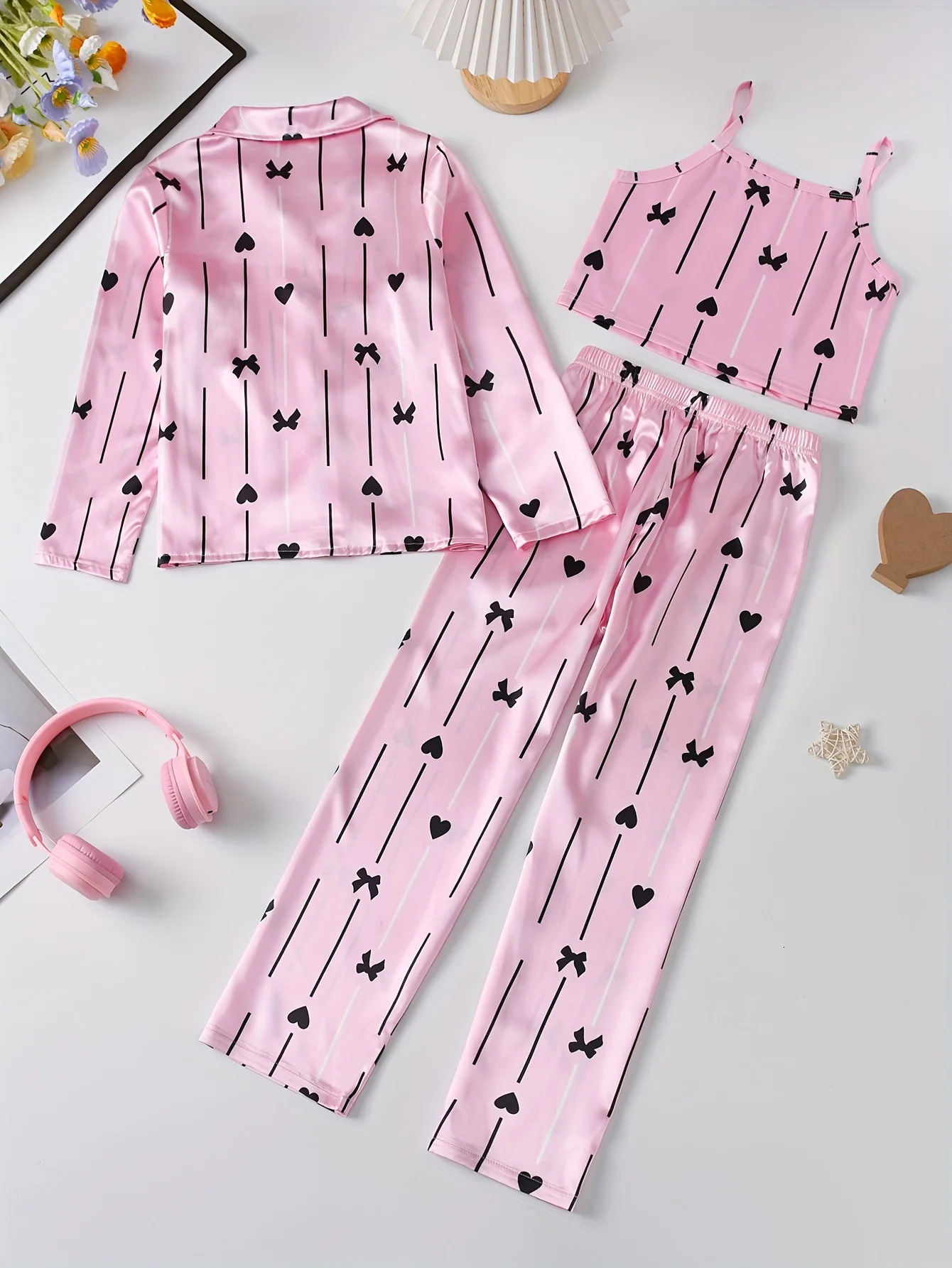 3-Piece Girls Striped Print Satin Pajama Set - Soft Breathable Loungewear with Button Up Lapel Collar Blouse Cami Top Pants 250407