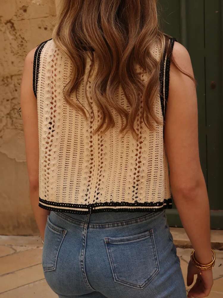 Ral Crochet Waistcoat For Women Sheer Button Front Sleeveless Open-Knit Top Teen-Girl Summer Boho Vacation Outfit