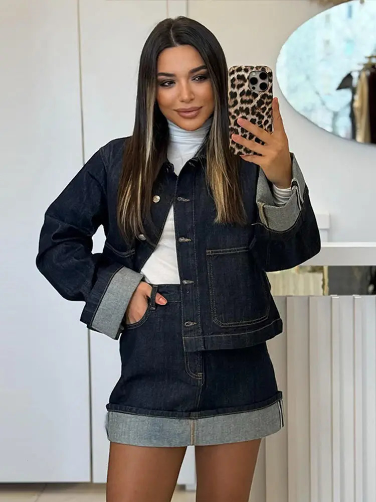 Denim Coat Mini Skirt Women 2 Piece Set Lapel Long Sleeve Button Pocket Jacket A-line Skirts Suit Lady 2025 Spring Street Outfit 250408