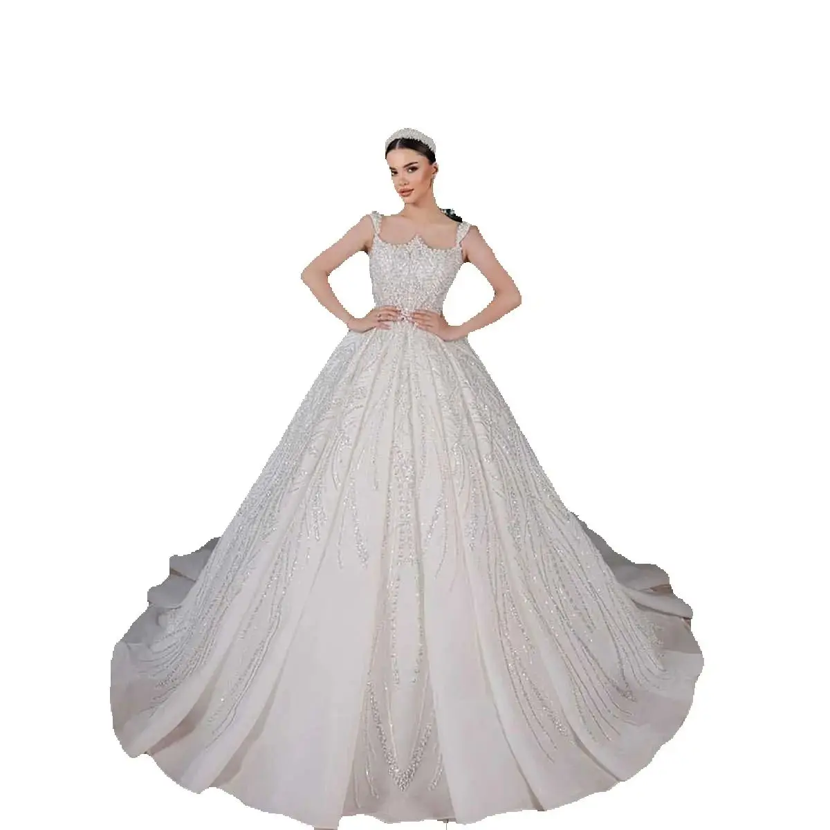 Classic A-Line Wedding Dresses New Ball Gown Bride Dress Beads Lace Pearls Bridal Gown Royal Train Robe De Vestido HOT SALE Customized Plus Size H2549