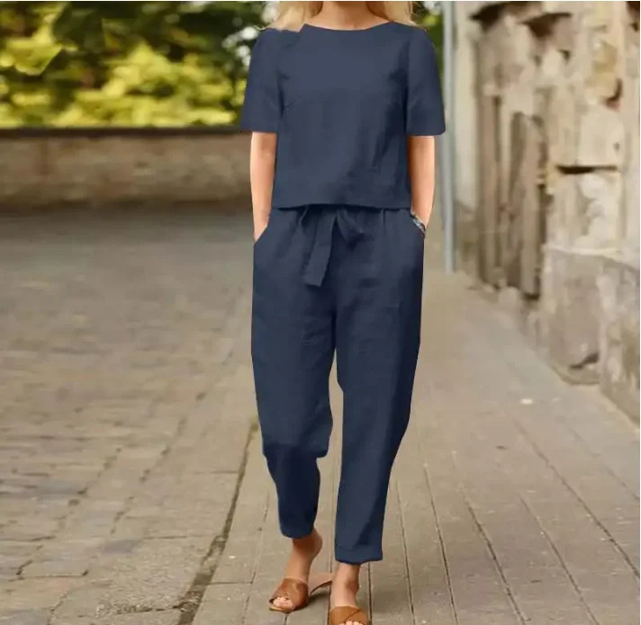 Womens Pullover Shirt And Pants Two-piece Set Womens Cotton And Linen Summer Suit Short Sleeved O-neck Outfit Pants 250408