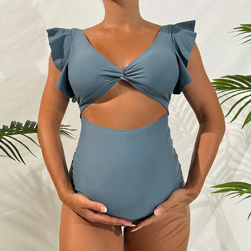 Matenrity Swimsuit Premama V Neck Hollow Out One-pieces Bathing Suit Pregnant Womens Beach Swimwear Bikinis 250407