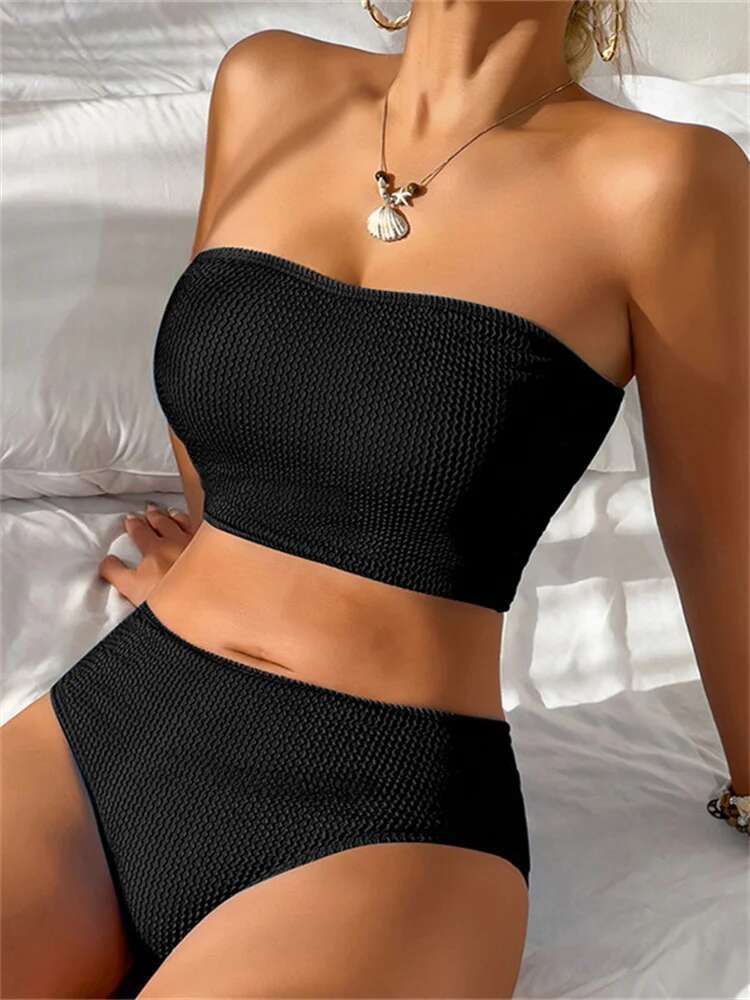Dongdumaoyi Sexy Bandeau Bikini Mujer Women Black Ribbed Push Up High Waist Swimsuit Summer Beach Bathing Suit Holiday Swimwear Biquini