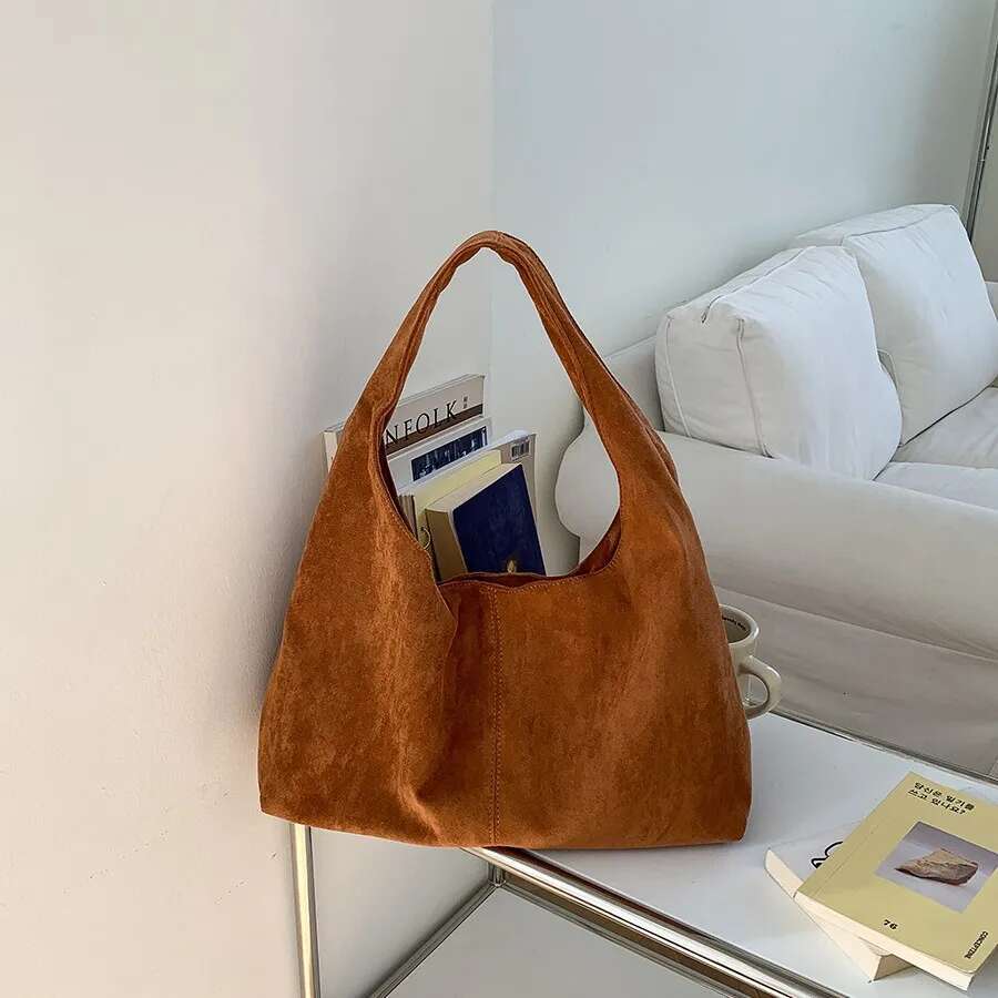 Vintage Half Moon Tote Bag Large Capacity Faux Suede Shoulder Bags For Women Designer Handbags Autumn Frosted Shopper Purses NEW