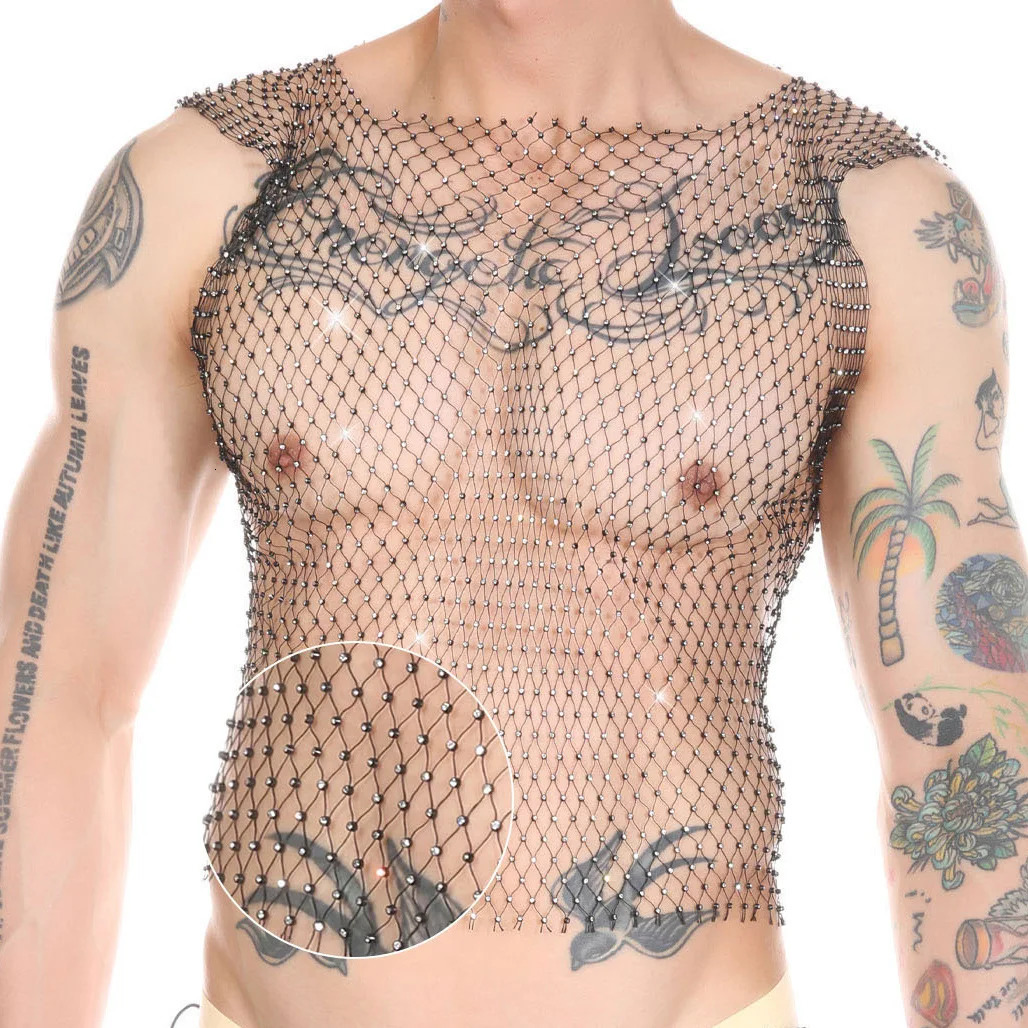 Mens Rhinestone Water Tank Top Transparent Mesh Shining through Fishnet Sparkling Festival Crop Top Sexy Club Party Carnival Set 250402