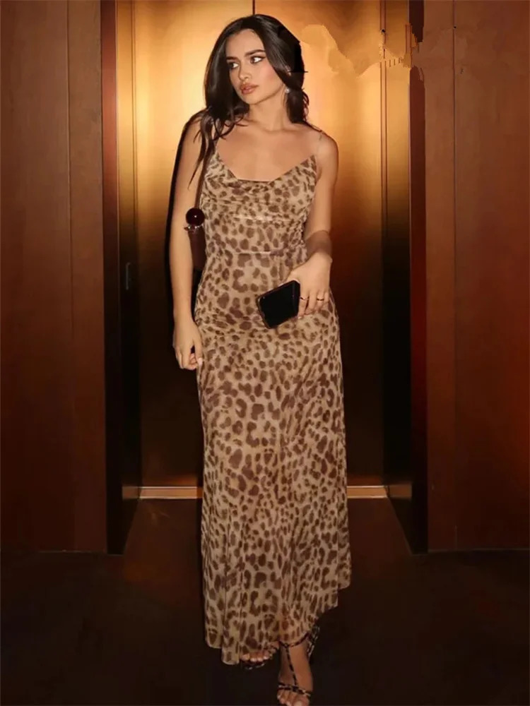 TRAF Leopard Print chiffon womens backless summer long dress womens retro sexy party dress Midi holiday dress 250401