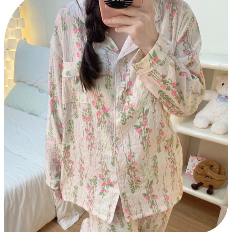 Romantic Womens Nightwear Long Sleeve Cardigan Fresh Sweet Print Student Korean Version Floral Loungewear Plus Size 2PCS/Set 250408
