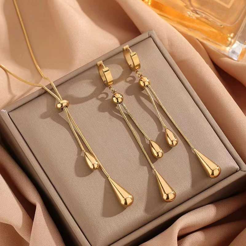 316L Stainless Steel New Fashion Exquisite Jewelry Pulling Adjustment Droplet Charm Chain Necklace Womens Earrings Y250408