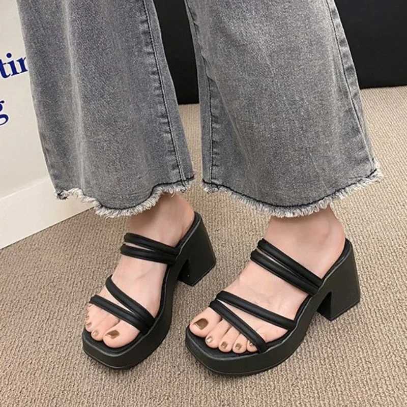 Slippers casual shoes for women 2024 high heels mule Pantofle rubber flap luxury summer soft high-tech Haian metal decorationXJ250407