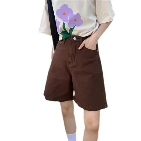 Brown Denim Shorts Womens Summer Ins American Style Vintage High-Waisted Slimming Straight-Leg Trendy Cotton Material 250408