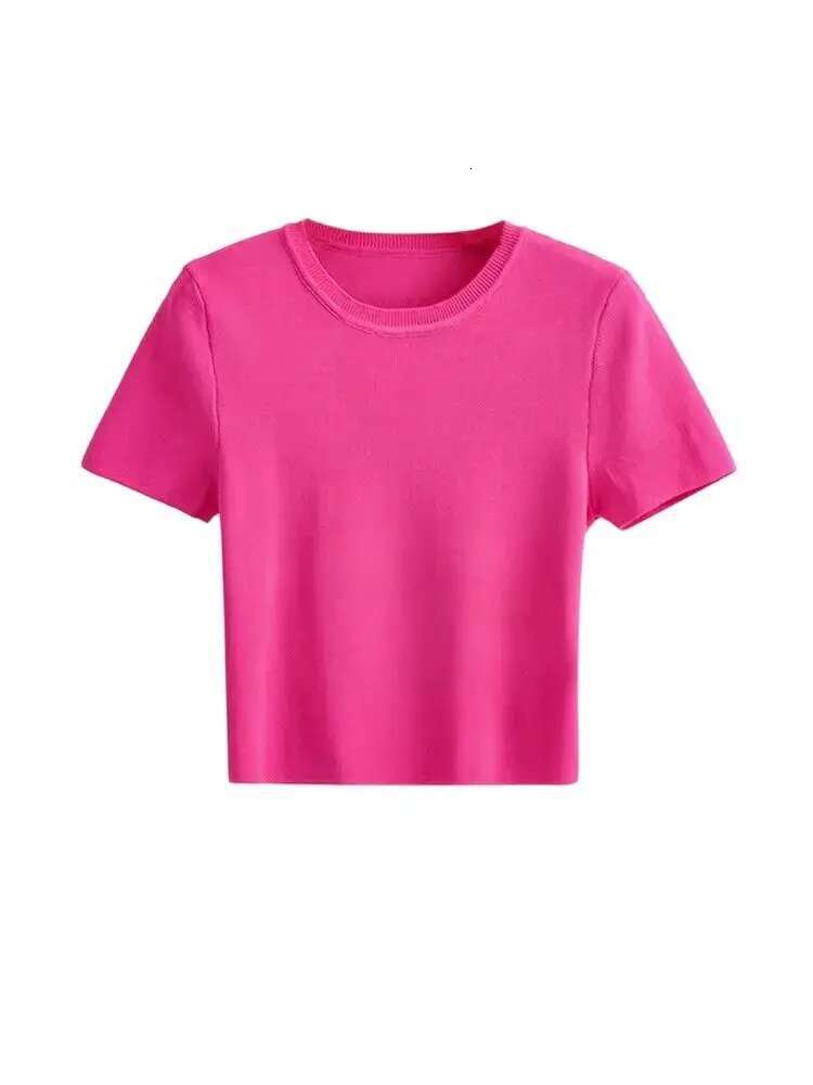 TRAF Women Fashion Striped Basic Cropped Knit Sweater Vintage O Neck Short Sleeve Female Pullovers Chic Tops