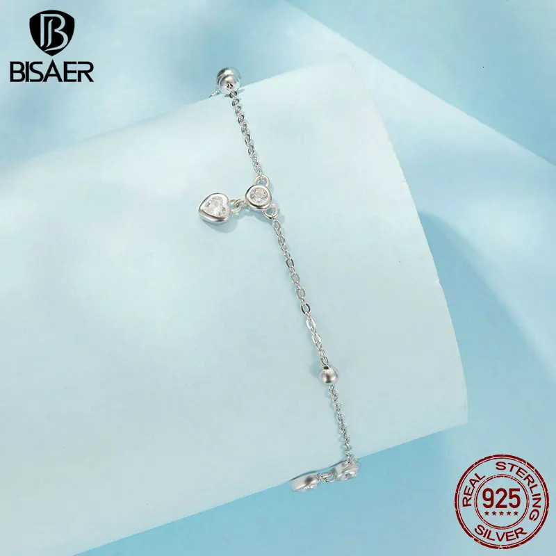 BISAER 925 Sterling Silver Heart Fringe Anklets Adjustable Chain Anklets Plated White Gold For Women Party Fine Jewelry Holiday 250403