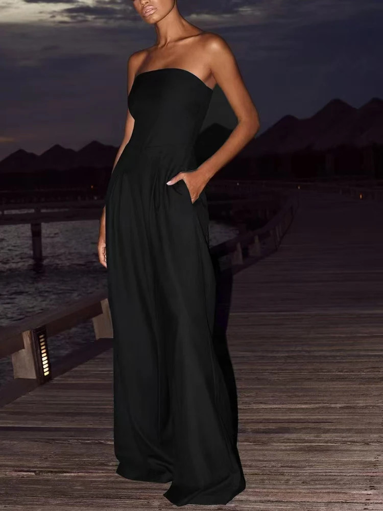 Womens solid strapless jumpsuit sexy and elegant streetwear sleeveless backless loose wide leg pants summer 250407