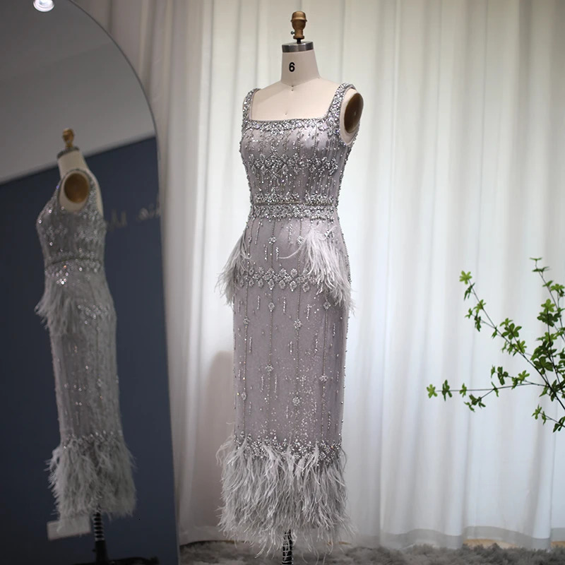 Sharon said sparkling grey mermaid evening gown with Cape feathers Dubai formal dress customized SS279 for womens wedding parties 250402