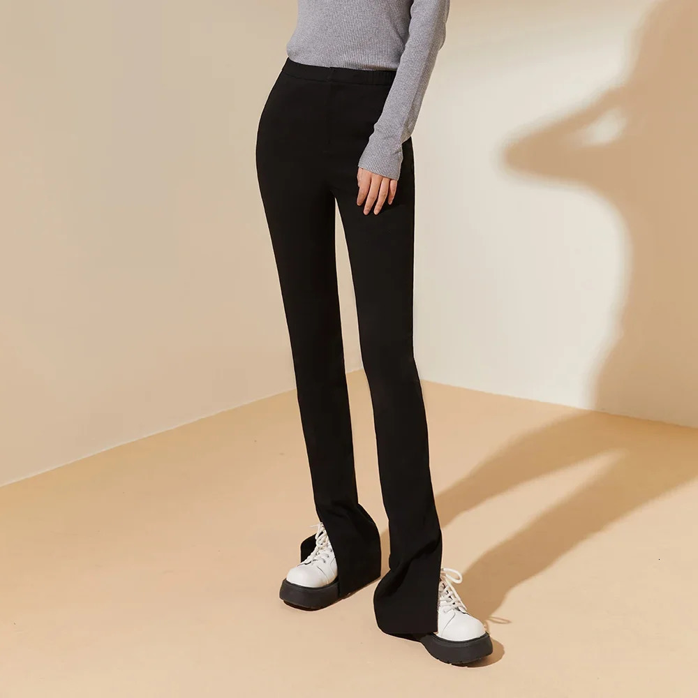 OhSunny Womens Flare Pants Tight High Waist Thick Sexy Horseshoe Black Elastic Ultra Thin Winter Casual Split Trouser 250407