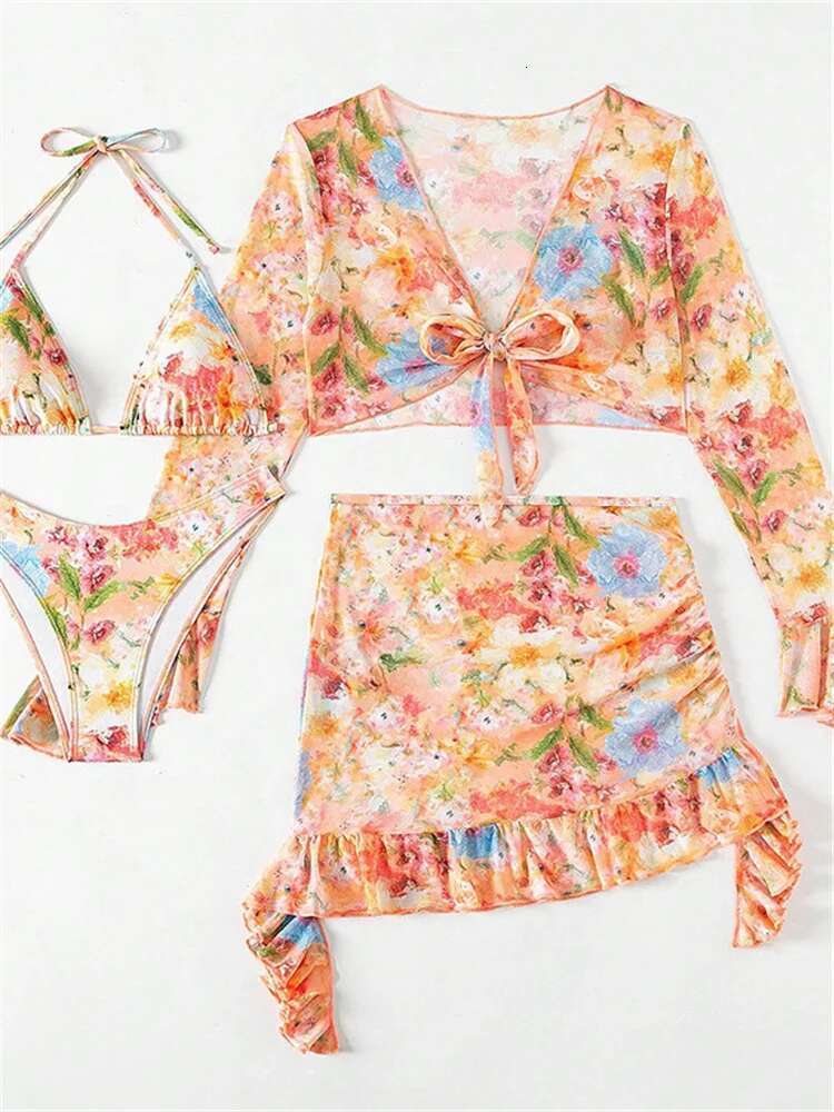 Dongdumaoyi Piece Bikini Set Women Orange Floral Print Long Sleeve Mesh Cover Up Ruffle Skirt Swimsuit Sexy Bathing Suit Swimwear