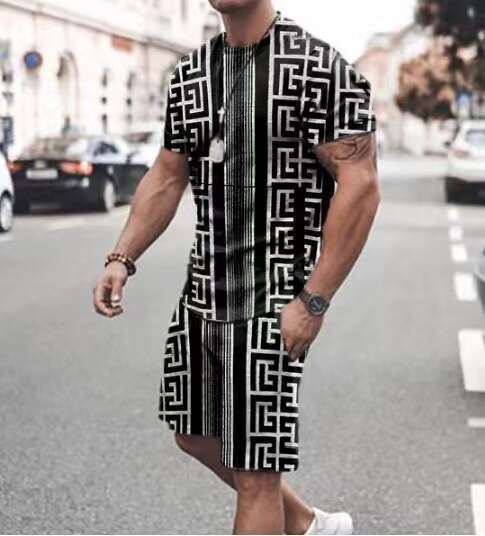Summer Abstract Splicing Digital Printed T-shirt Set with Casual Sleeves Shorts, Two Piece Set, New Style, Unique and Elegant Clothing