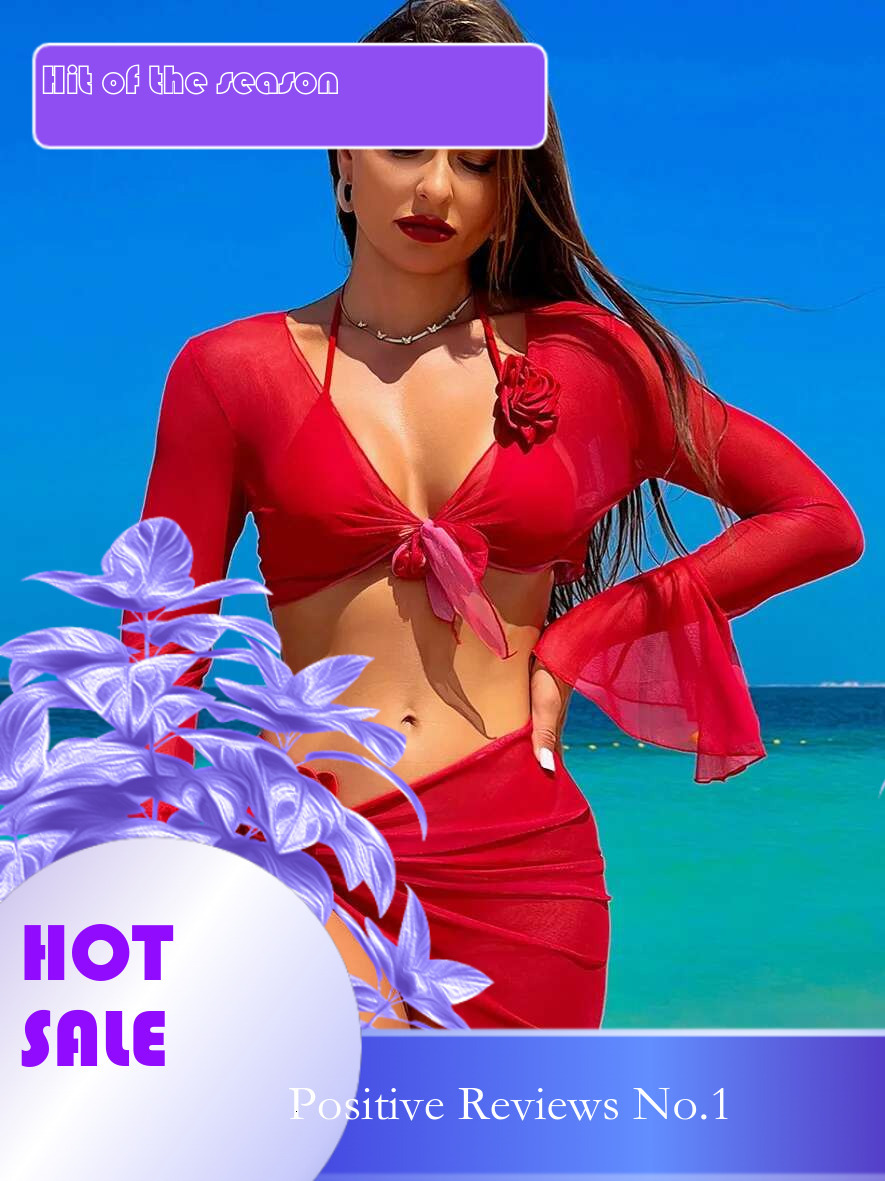 Dongdumaoyi Sexy Mesh Piece Bikinis Set Women Red Black Flare Long Sleeve Cover Up With Skirt Swimsuit Beach Holiday Bathing Suit Swimwear