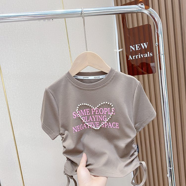 Ddmyshoesvip Korean Version Clothing Girls Summer Fashion Minimalist Letter T Shirt Children S Ice Silk Drawstring Short Sleeved Top