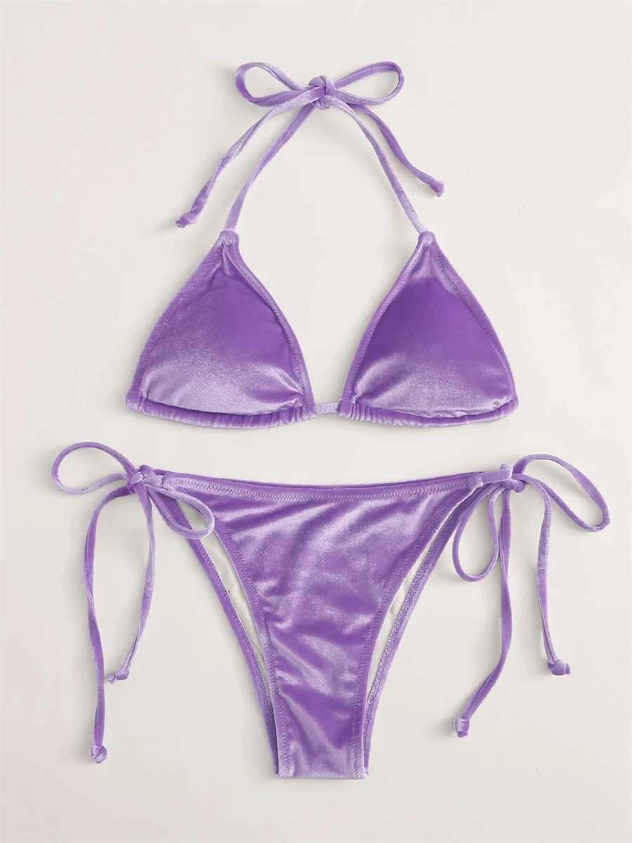Dongdumaoyi Sexy Triangle Bikinis Set Women Solid Pink Criss Cross Velvet Swimsuit Luxury Rhinestone Bathing Suit Metal Swimwear Y K