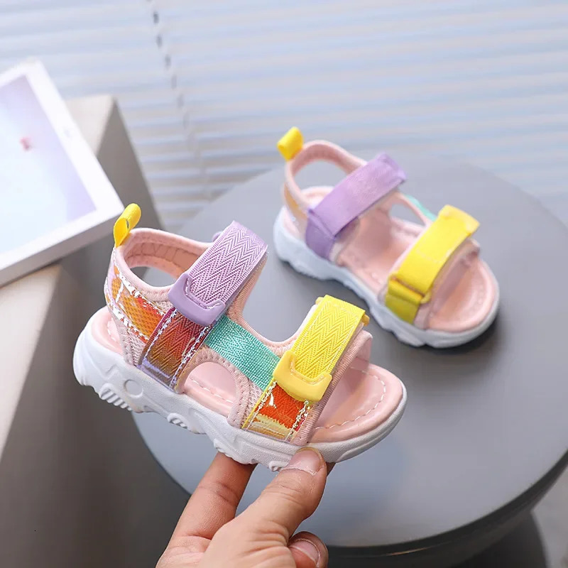 Summer Children Sport Sandals Breathable Mesh Soft Bottom Baby Girls Boys Shoes Colorful Reflective PU Leather Shoes Kids G04243 250407