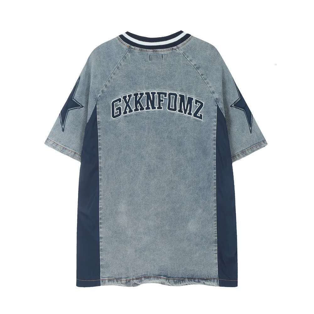 Letter Embroidery Patchwork Denim T-Shirt Mens Summer High Street Washed Distressed V-Neck Raglan Sleeve Tops Men