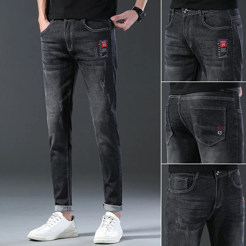 Fashionable mens clothing fashionable elastic ultrathin gray denim jeans thin high street small feet pants 250401
